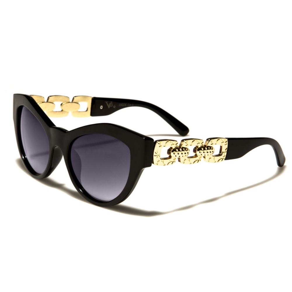 Oversize Cat Eye Chain Temple Sunglasses Black Gold Textured